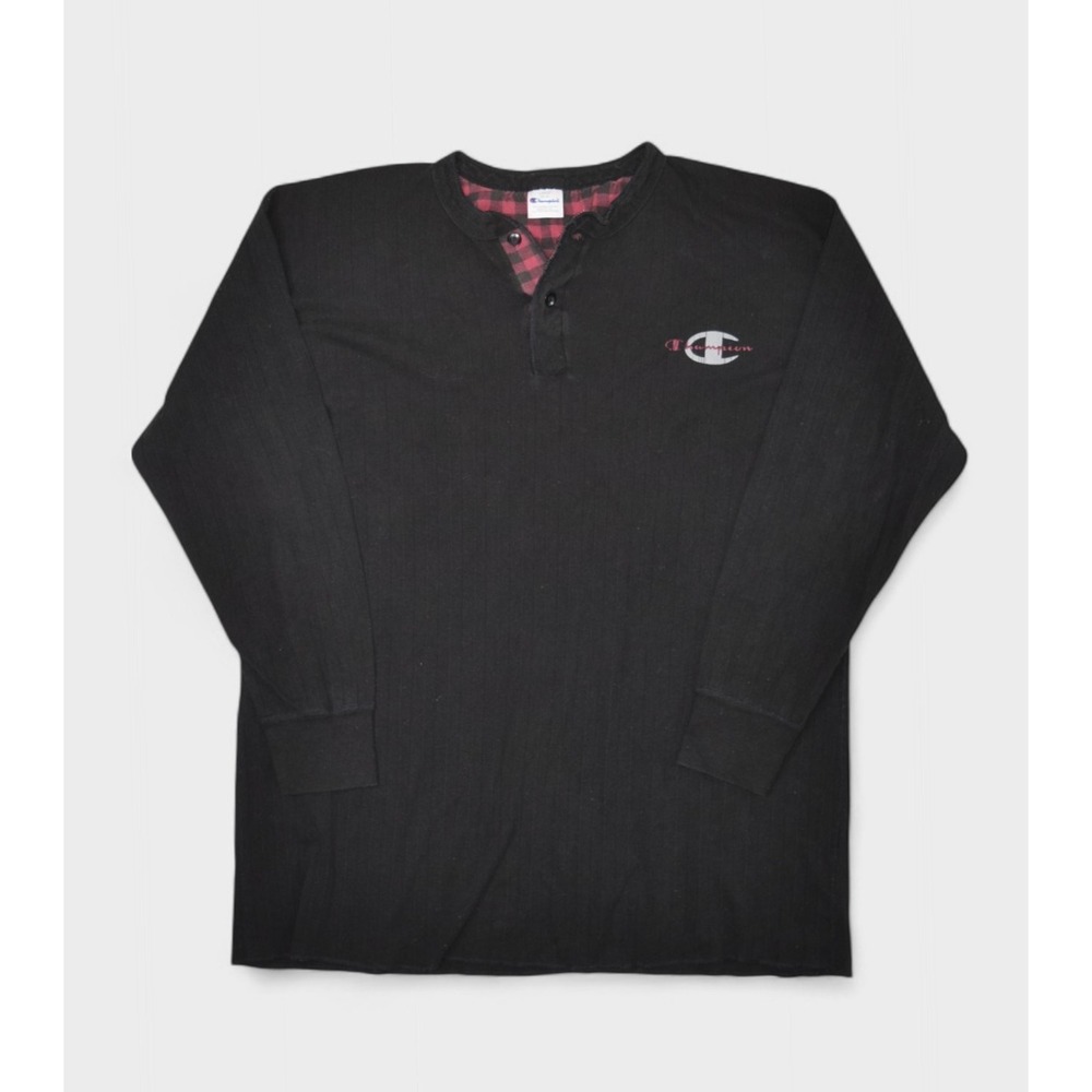 Vintage Champion Sweatshirt Mens Large Henley Black Ribbed Shirt Made USA